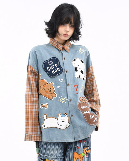 TALKLESSFASHION OV original American plaid patchwork washed denim shirt men's and women's autumn puppy towel embroidered loose long-sleeved shirt