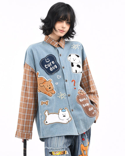 TALKLESSFASHION OV original American plaid patchwork washed denim shirt men's and women's autumn puppy towel embroidered loose long-sleeved shirt