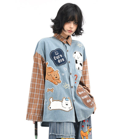 TALKLESSFASHION OV original American plaid patchwork washed denim shirt men's and women's autumn puppy towel embroidered loose long-sleeved shirt