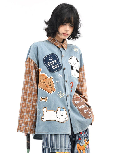 TALKLESSFASHION OV original American plaid patchwork washed denim shirt men's and women's autumn puppy towel embroidered loose long-sleeved shirt
