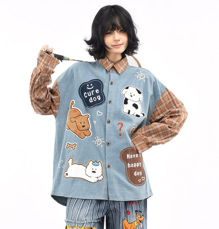 TALKLESSFASHION OV original American plaid patchwork washed denim shirt men's and women's autumn puppy towel embroidered loose long-sleeved shirt