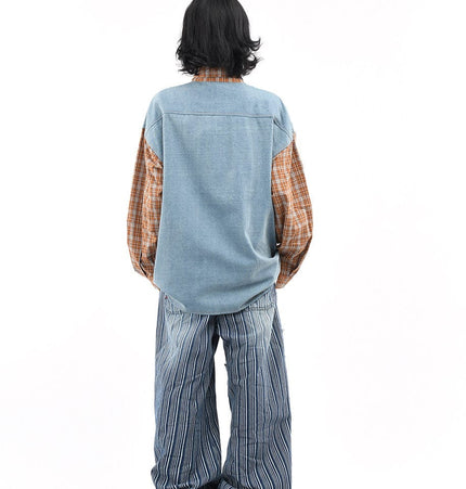 TALKLESSFASHION OV original American plaid patchwork washed denim shirt men's and women's autumn puppy towel embroidered loose long-sleeved shirt