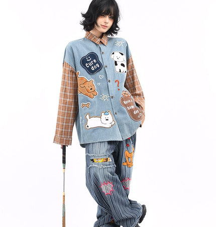 TALKLESSFASHION OV original American plaid patchwork washed denim shirt men's and women's autumn puppy towel embroidered loose long-sleeved shirt