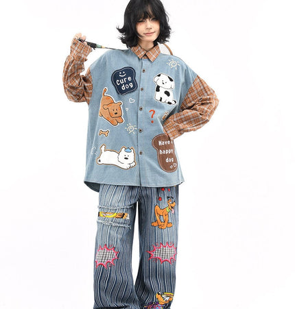 TALKLESSFASHION OV original American plaid patchwork washed denim shirt men's and women's autumn puppy towel embroidered loose long-sleeved shirt