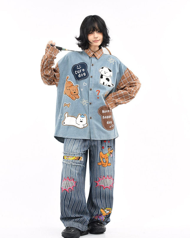TALKLESSFASHION OV original American plaid patchwork washed denim shirt men's and women's autumn puppy towel embroidered loose long-sleeved shirt