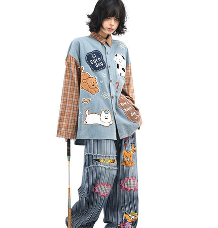 TALKLESSFASHION OV original American plaid patchwork washed denim shirt men's and women's autumn puppy towel embroidered loose long-sleeved shirt