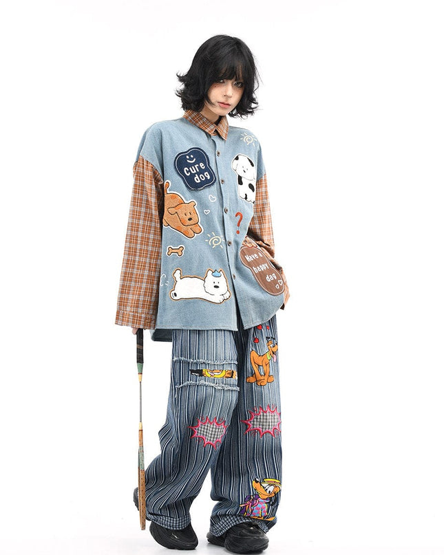 TALKLESSFASHION OV original American plaid patchwork washed denim shirt men's and women's autumn puppy towel embroidered loose long-sleeved shirt
