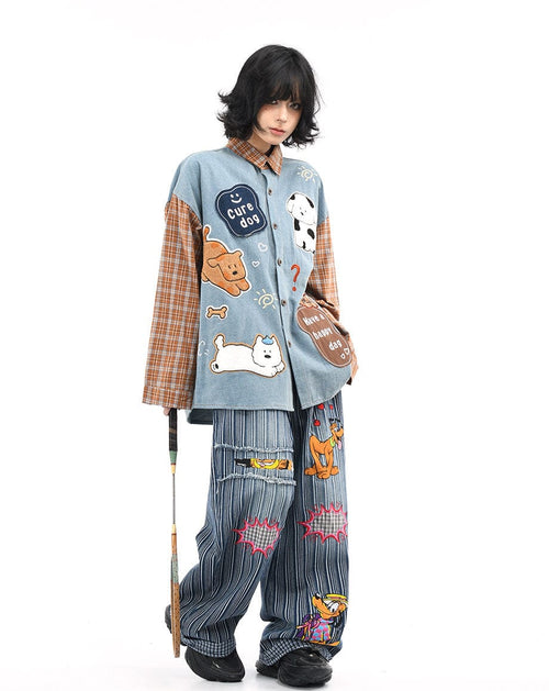 THETLSTUDIO OV original American plaid patchwork washed denim shirt men's and women's autumn puppy towel embroidered loose long-sleeved shirt