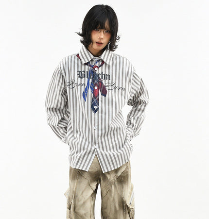 TALKLESSFASHION OV original American preppy vertical stripe tie print long sleeve shirt women's spring loose midi shirt men