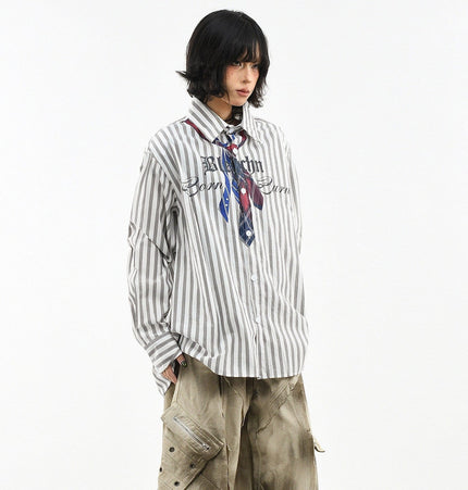 TALKLESSFASHION OV original American preppy vertical stripe tie print long sleeve shirt women's spring loose midi shirt men