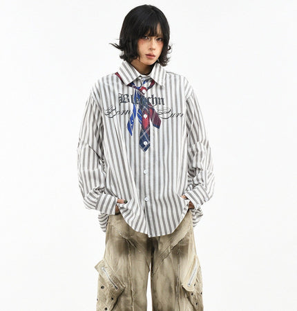 TALKLESSFASHION OV original American preppy vertical stripe tie print long sleeve shirt women's spring loose midi shirt men