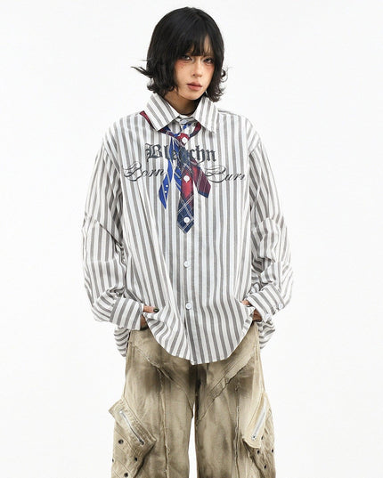 TALKLESSFASHION OV original American preppy vertical stripe tie print long sleeve shirt women's spring loose midi shirt men