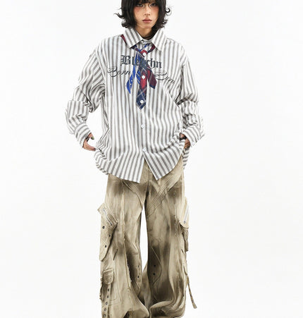 TALKLESSFASHION OV original American preppy vertical stripe tie print long sleeve shirt women's spring loose midi shirt men