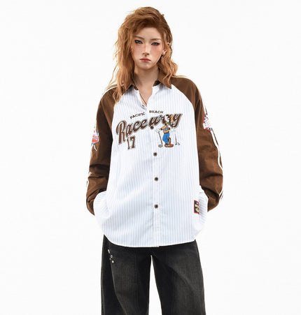 TALKLESSFASHION OV original American stripe contrast patchwork couple long sleeve shirt women's spring preppy style loose lapel shirt men