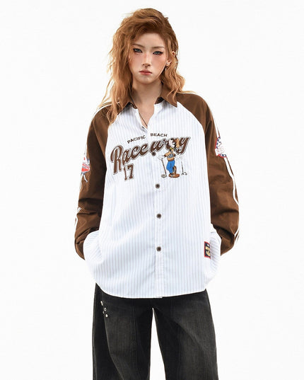 TALKLESSFASHION OV original American stripe contrast patchwork couple long sleeve shirt women's spring preppy style loose lapel shirt men