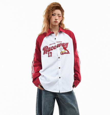 TALKLESSFASHION OV original American stripe contrast patchwork couple long sleeve shirt women's spring preppy style loose lapel shirt men
