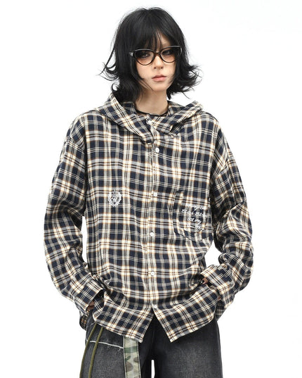 TALKLESSFASHION OV original American vintage plaid casual hooded shirt jacket men's and women's fall loose couple long sleeve shirt tide