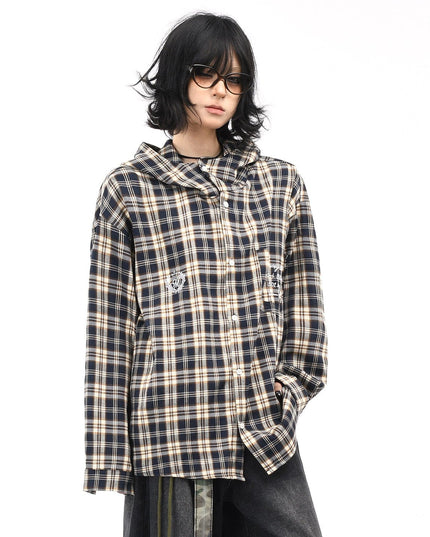 TALKLESSFASHION OV original American vintage plaid casual hooded shirt jacket men's and women's fall loose couple long sleeve shirt tide