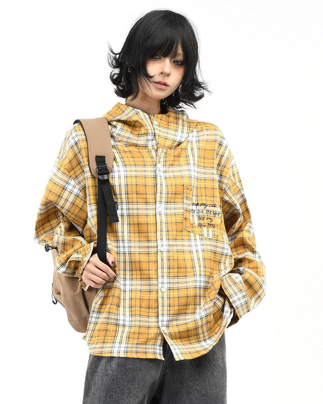 TALKLESSFASHION OV original American vintage plaid casual hooded shirt jacket men's and women's fall loose couple long sleeve shirt tide