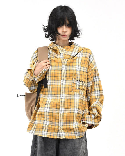 TALKLESSFASHION OV original American vintage plaid casual hooded shirt jacket men's and women's fall loose couple long sleeve shirt tide