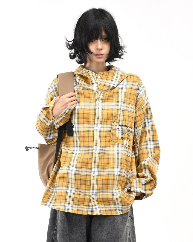 TALKLESSFASHION OV original American vintage plaid casual hooded shirt jacket men's and women's fall loose couple long sleeve shirt tide