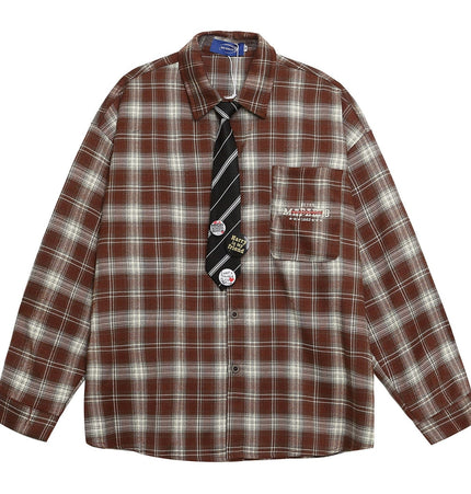 TALKLESSFASHION OV original American vintage plaid long sleeve shirt men's and women's autumn street loose tie badge design shirt trend