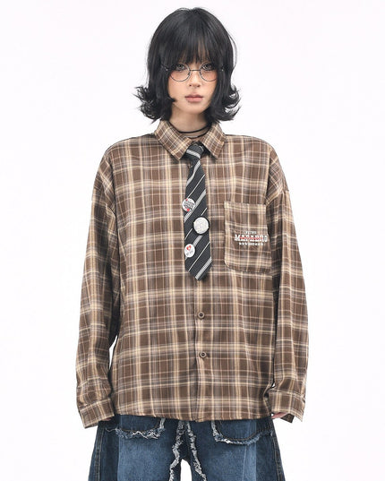 TALKLESSFASHION OV original American vintage plaid long sleeve shirt men's and women's autumn street loose tie badge design shirt trend