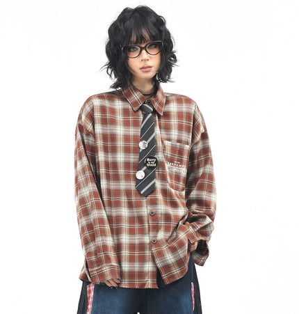 TALKLESSFASHION OV original American vintage plaid long sleeve shirt men's and women's autumn street loose tie badge design shirt trend