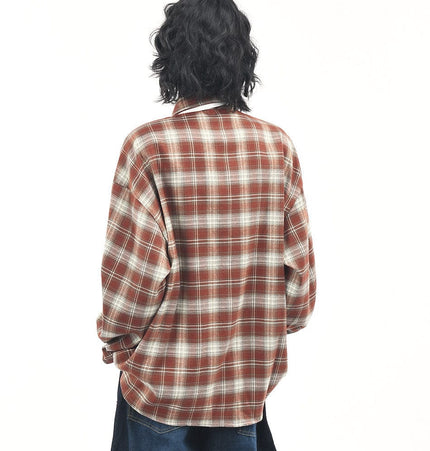 TALKLESSFASHION OV original American vintage plaid long sleeve shirt men's and women's autumn street loose tie badge design shirt trend