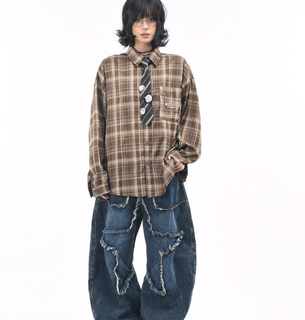 TALKLESSFASHION OV original American vintage plaid long sleeve shirt men's and women's autumn street loose tie badge design shirt trend