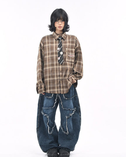 TALKLESSFASHION OV original American vintage plaid long sleeve shirt men's and women's autumn street loose tie badge design shirt trend
