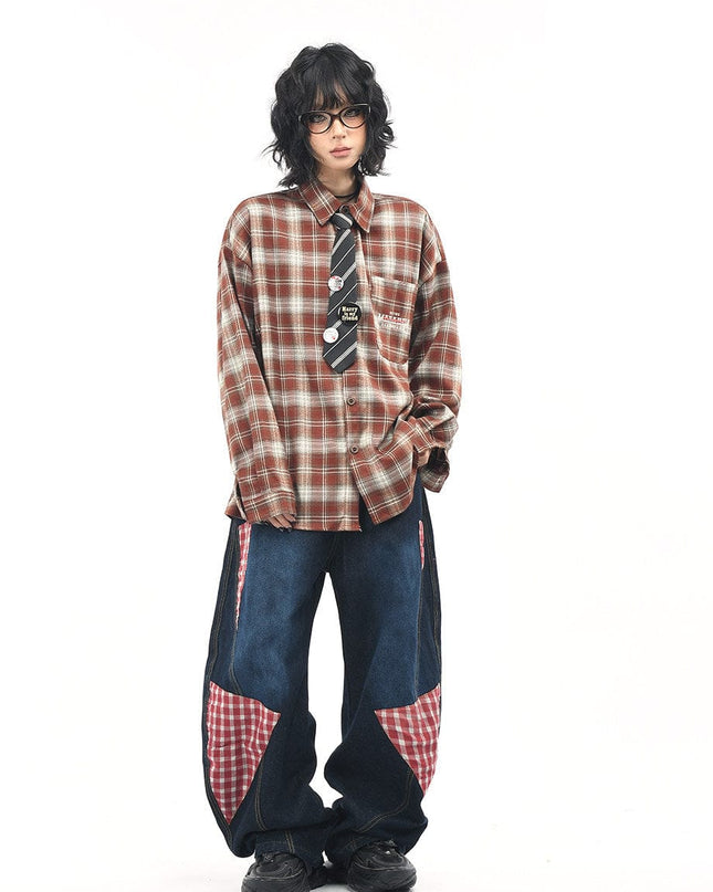 TALKLESSFASHION OV original American vintage plaid long sleeve shirt men's and women's autumn street loose tie badge design shirt trend