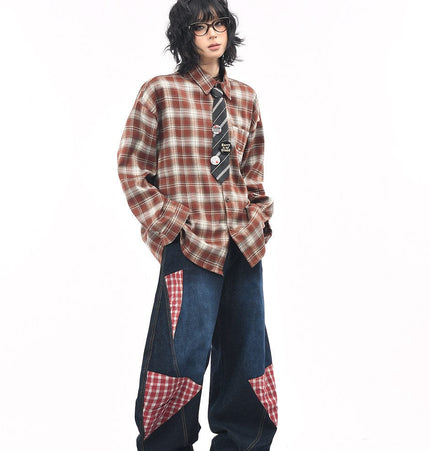 TALKLESSFASHION OV original American vintage plaid long sleeve shirt men's and women's autumn street loose tie badge design shirt trend