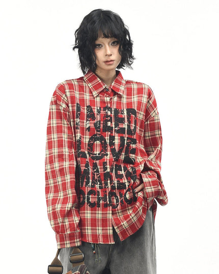 TALKLESSFASHION OV original American vintage plaid mottled letter print long sleeve shirt men's and women's autumn loose casual shirt trend