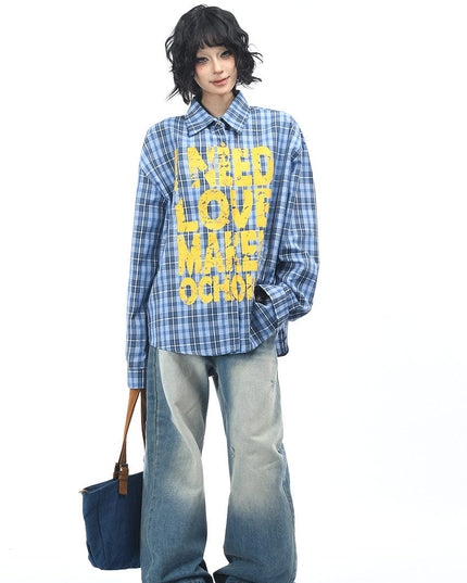 TALKLESSFASHION OV original American vintage plaid mottled letter print long sleeve shirt men's and women's autumn loose casual shirt trend