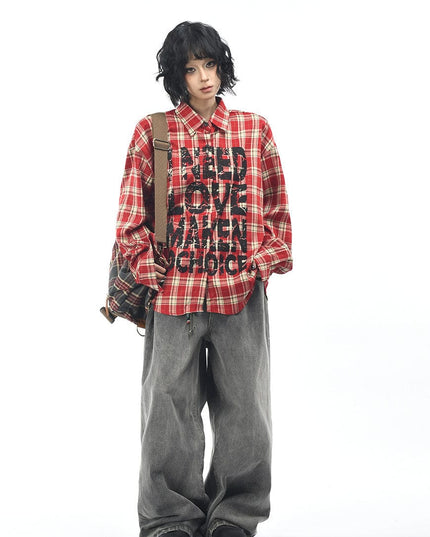 TALKLESSFASHION OV original American vintage plaid mottled letter print long sleeve shirt men's and women's autumn loose casual shirt trend