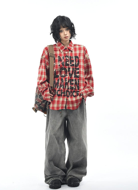 Mottled Letter Print Plaid Shirt
