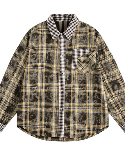 TALKLESSFASHION OV original American vintage plaid patchwork couple long sleeve shirt men's and women's autumn street loose casual shirt trend