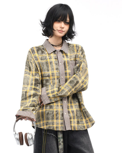 TALKLESSFASHION OV original American vintage plaid patchwork couple long sleeve shirt men's and women's autumn street loose casual shirt trend