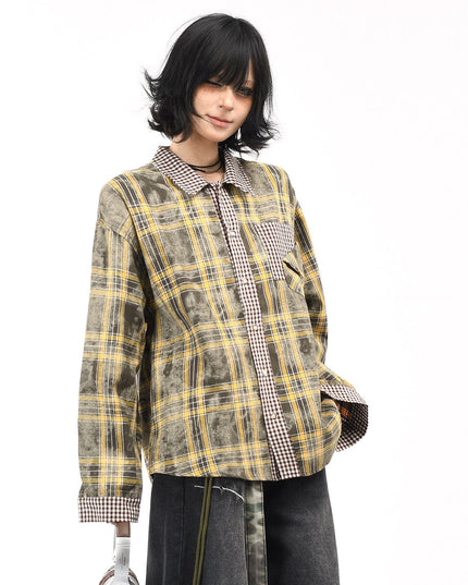 TALKLESSFASHION OV original American vintage plaid patchwork couple long sleeve shirt men's and women's autumn street loose casual shirt trend