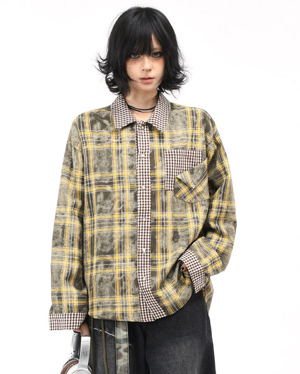 TALKLESSFASHION OV original American vintage plaid patchwork couple long sleeve shirt men's and women's autumn street loose casual shirt trend