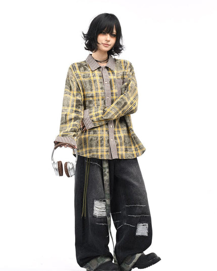 TALKLESSFASHION OV original American vintage plaid patchwork couple long sleeve shirt men's and women's autumn street loose casual shirt trend
