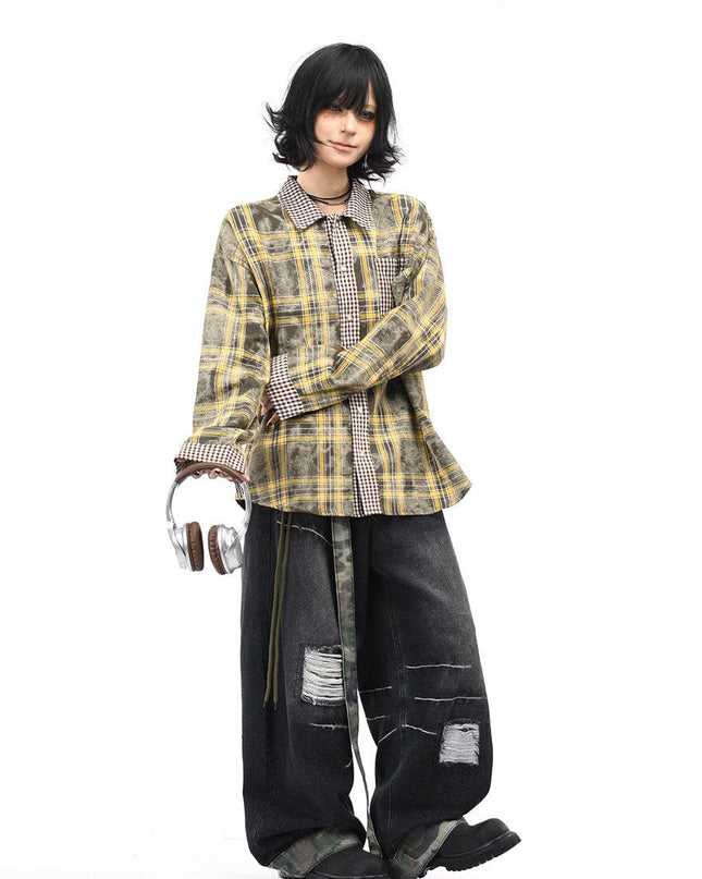 TALKLESSFASHION OV original American vintage plaid patchwork couple long sleeve shirt men's and women's autumn street loose casual shirt trend
