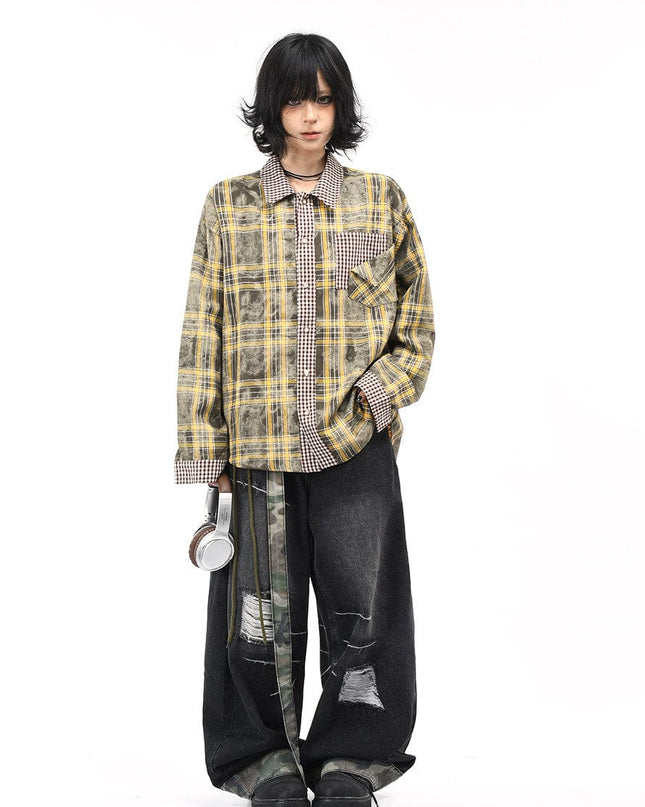 TALKLESSFASHION OV original American vintage plaid patchwork couple long sleeve shirt men's and women's autumn street loose casual shirt trend