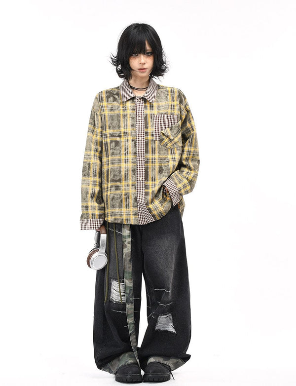 Vintage Plaid Patchwork Utility Shirt