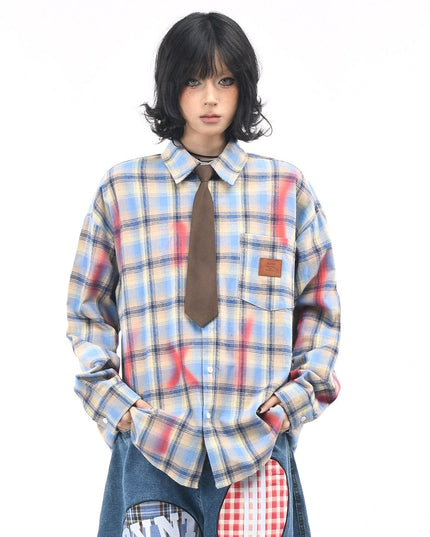 TALKLESSFASHION OV original American vintage plaid smudged graffiti long sleeve shirt women's autumn tie design loose couple shirt