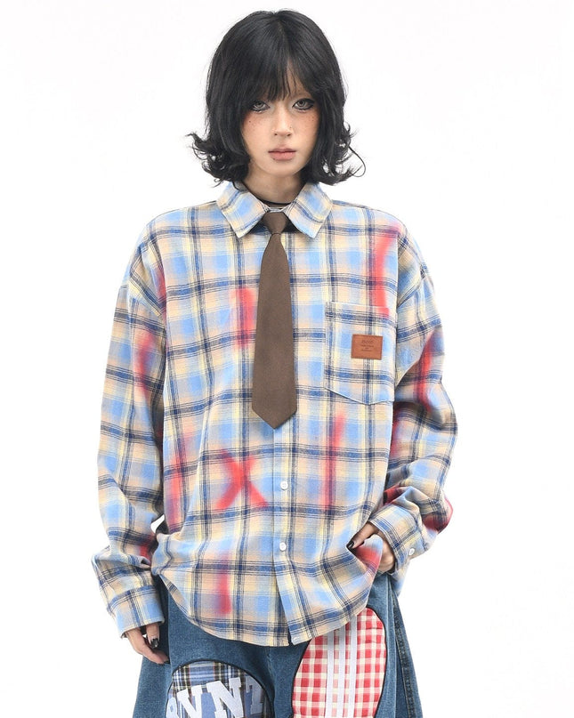 TALKLESSFASHION OV original American vintage plaid smudged graffiti long sleeve shirt women's autumn tie design loose couple shirt