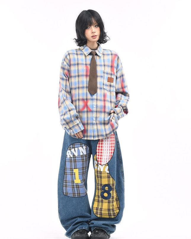 TALKLESSFASHION OV original American vintage plaid smudged graffiti long sleeve shirt women's autumn tie design loose couple shirt