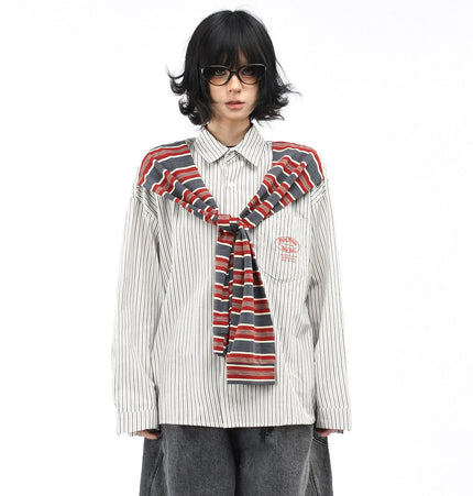 TALKLESSFASHION OV original American vintage striped shawl design long sleeve shirt men's and women's autumn street loose casual shirt trend