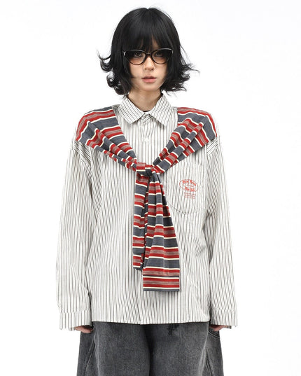 TALKLESSFASHION OV original American vintage striped shawl design long sleeve shirt men's and women's autumn street loose casual shirt trend